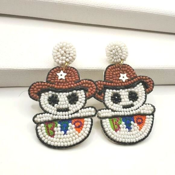 NEW COWBOY SKELETON BOO RICE BEAD HALLOWEEN EARRINGS - Picture 5 of 7